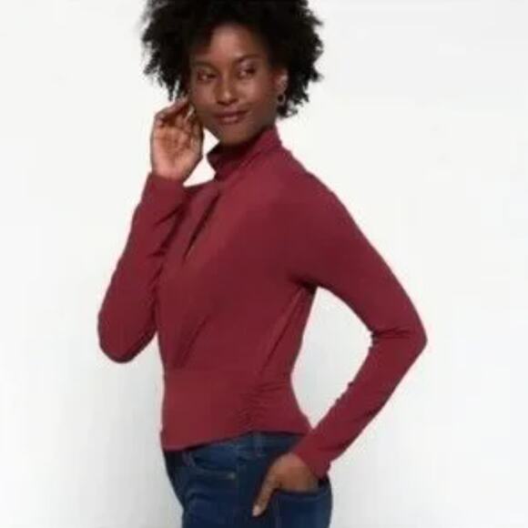 Mock Turtleneck Long Sleeve Top Womens XL Claret Red Dark Academia Keyhole - Picture 2 of 12